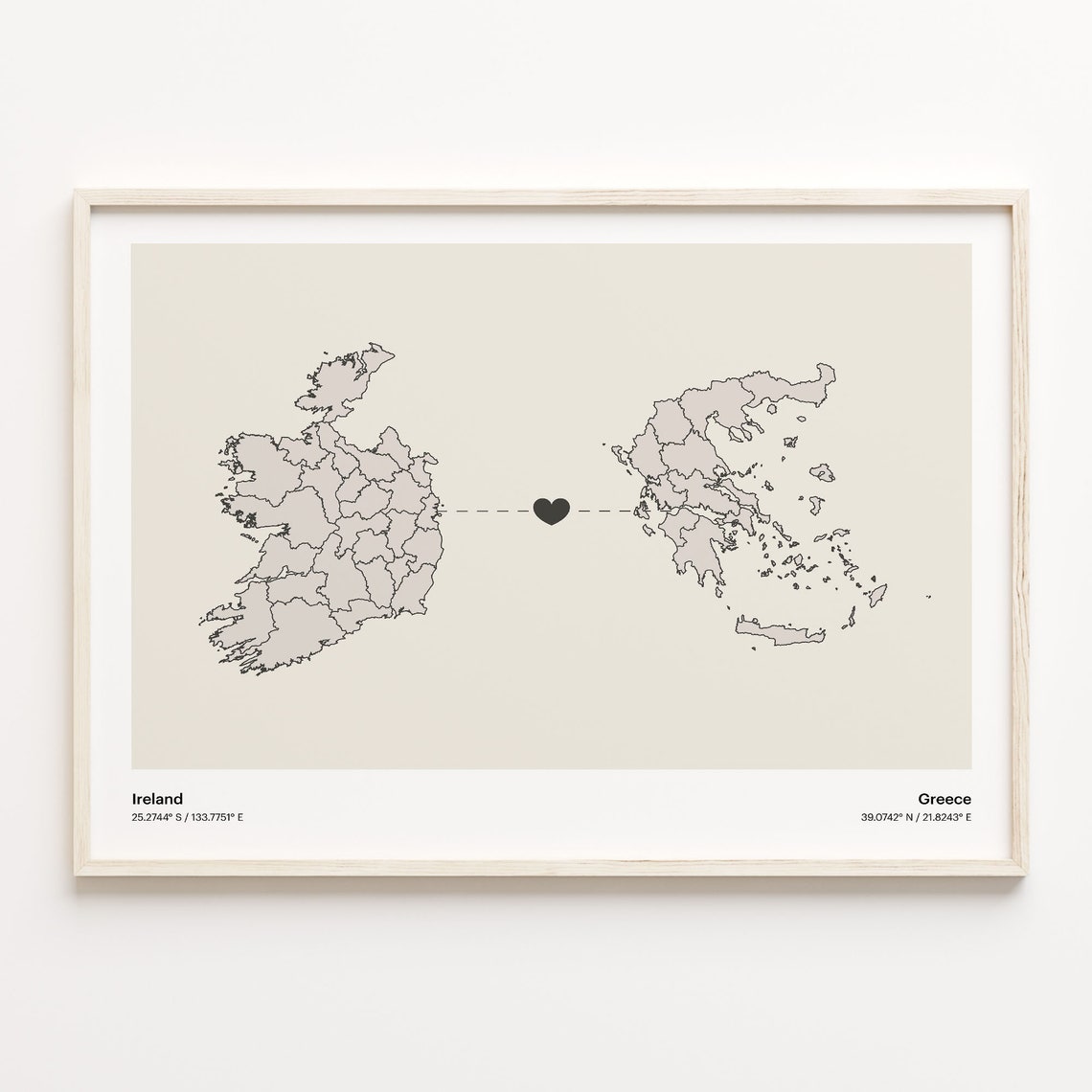 Ireland Greece Country Beige Minimalist Heart Connection Map Poster