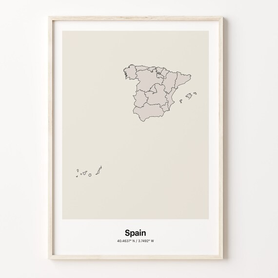 Spain Country Map Beige Line Outline Minimalist Coordinates Poster