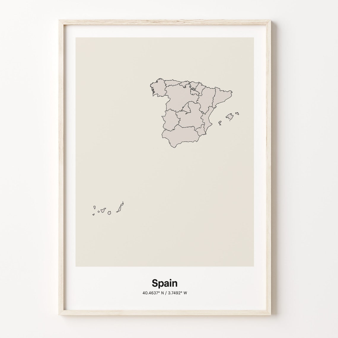 Spain Country Map Beige Line Outline Minimalist Coordinates Poster
