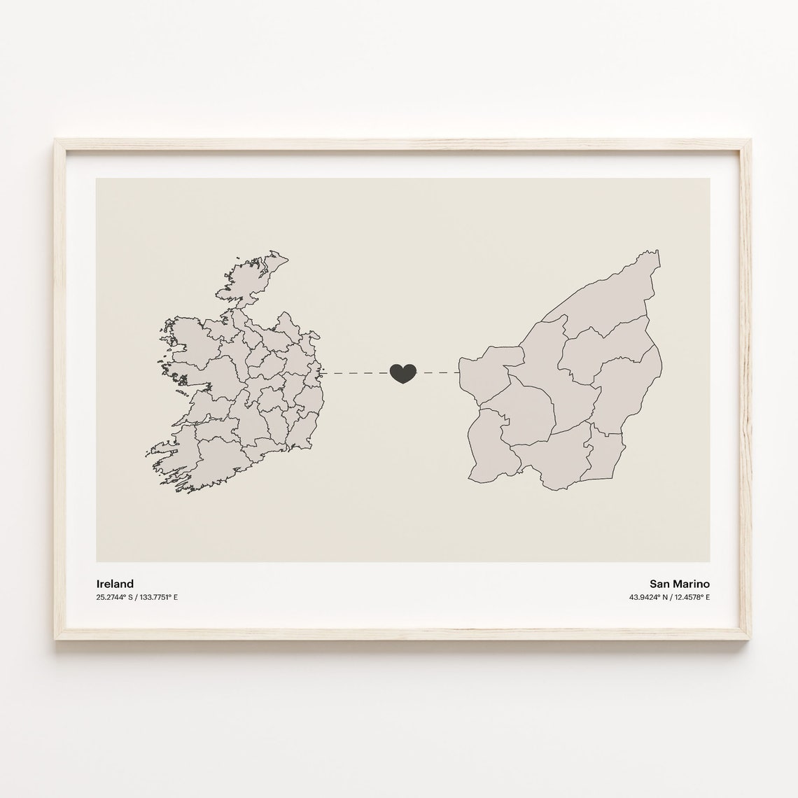 Ireland San Marino Minimalist Long Distance Love Heart Map Poster