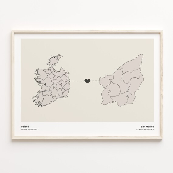 Ireland San Marino Minimalist Long Distance Love Heart Map Poster