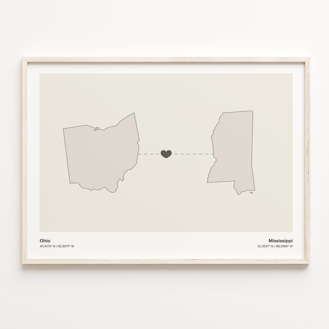 Ohio To Mississippi Minimalist State Connection Map Poster
