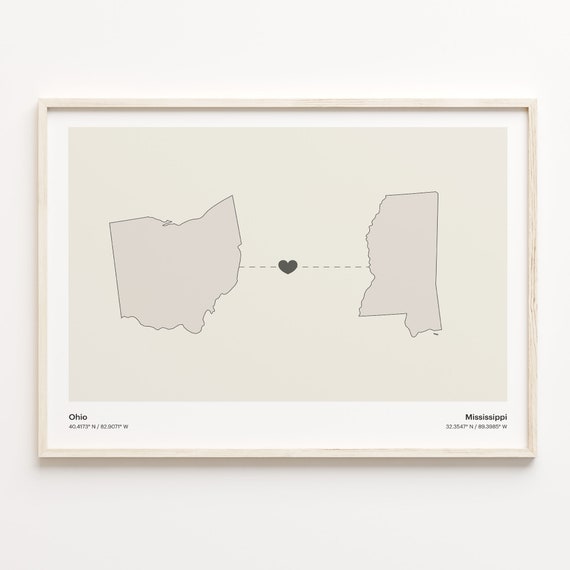Ohio To Mississippi Minimalist State Connection Map Poster
