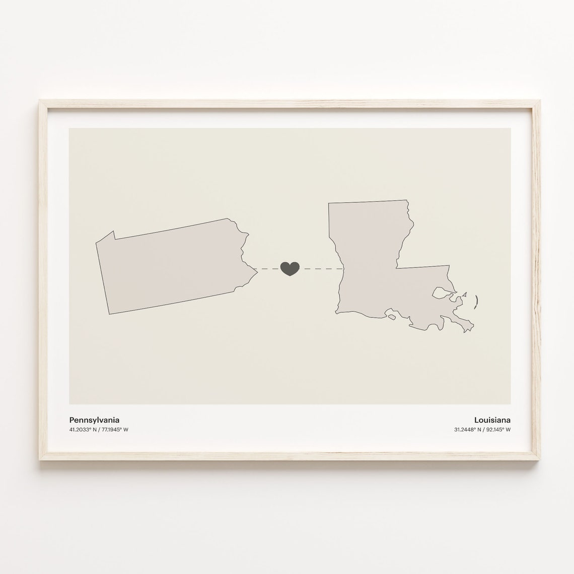 Pennsylvania To Louisiana Heart Minimalist Connection Map Wall Art