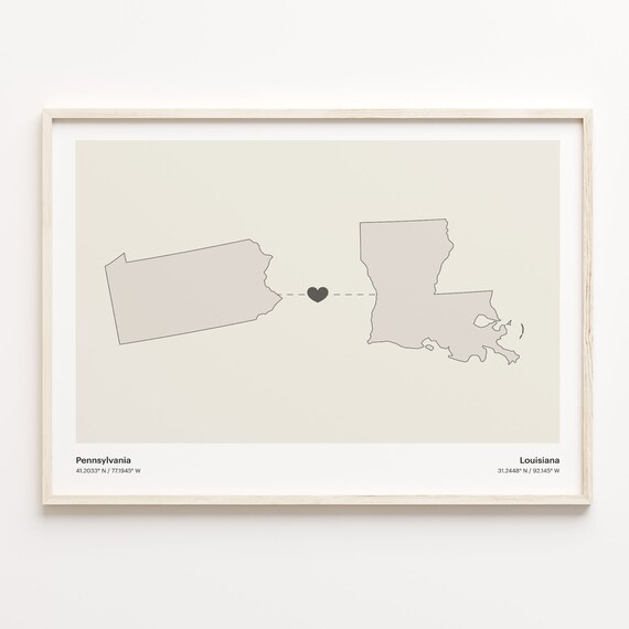 Pennsylvania To Louisiana Heart Minimalist Connection Map Wall Art