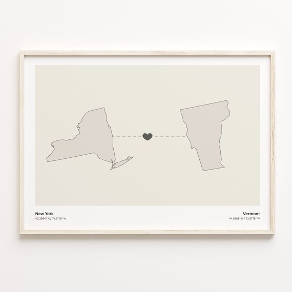 New York and Vermont Couple Long Distance Love Heart Map Poster