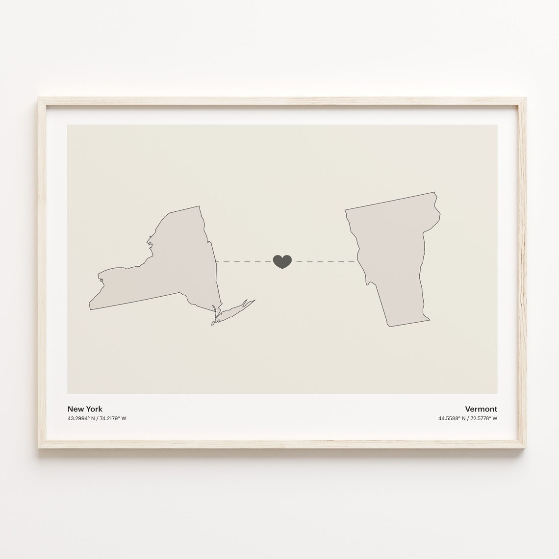 New York and Vermont Couple Long Distance Love Heart Map Poster