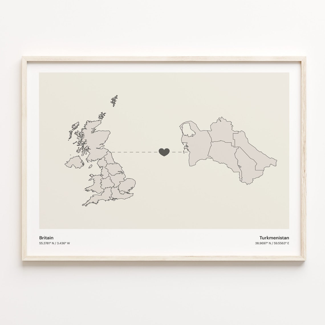 Britain To Turkmenistan Minimalistic Heart Love Connection Map Poster