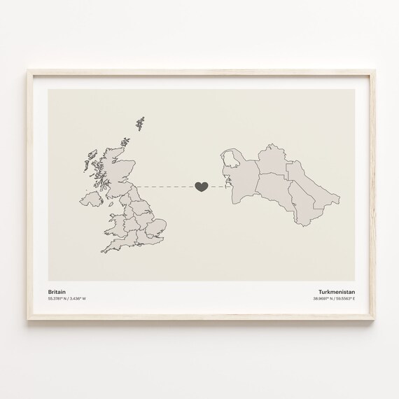 Britain To Turkmenistan Minimalistic Heart Love Connection Map Poster