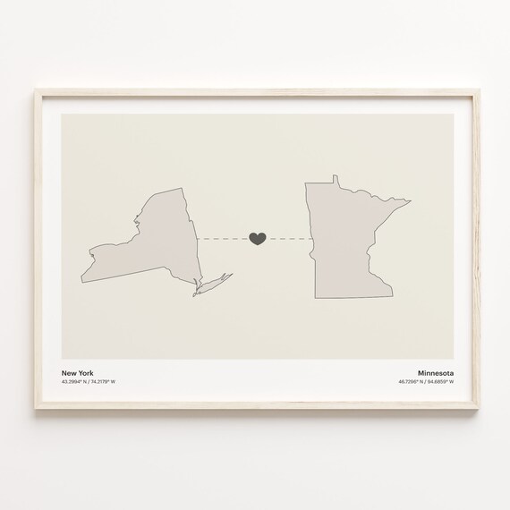 New York Minnesota Minimalist Long Distance Heart Map Poster
