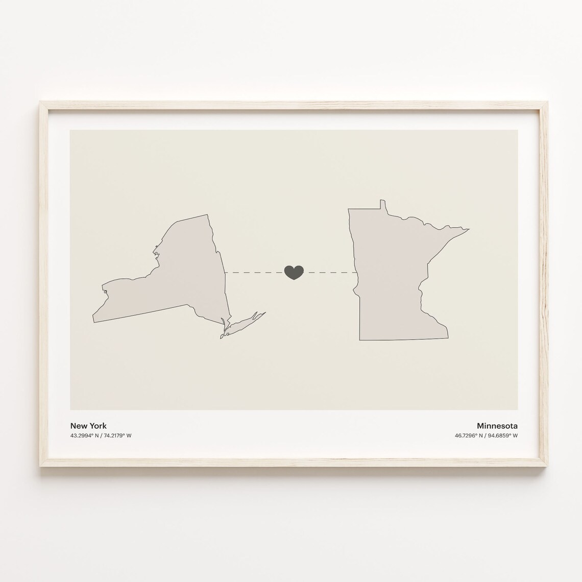 New York Minnesota Minimalist Long Distance Heart Map Poster