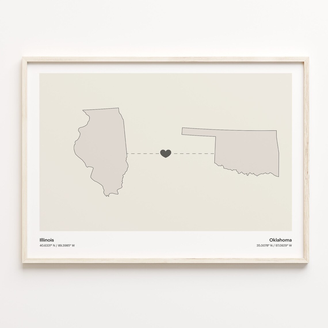 Illinois to Oklahoma Minimalist Long Distance Connection Map Poster