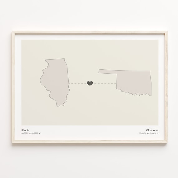 Illinois to Oklahoma Minimalist Long Distance Connection Map Poster