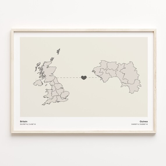 Britain To Guinea Minimal Heart Country Connection Map Poster