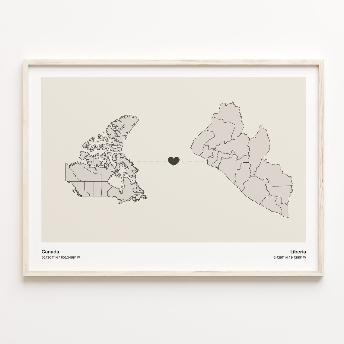 Canada To Liberia Minimalist Love Connection Map Travel Poster
