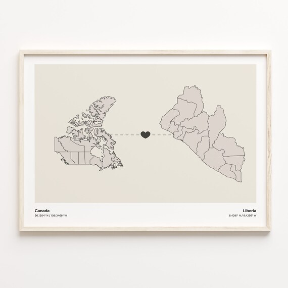 Canada To Liberia Minimalist Love Connection Map Travel Poster