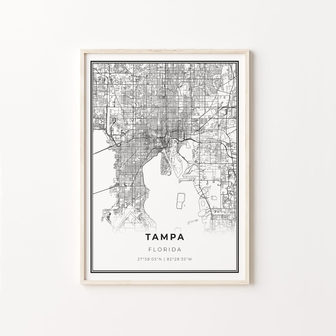 Tampa Florida Black And White Modern City Street Map Art Poster