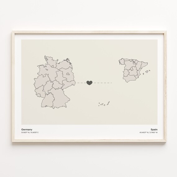 Germany Spain Country Connection Heart Map Minimalist Art Poster