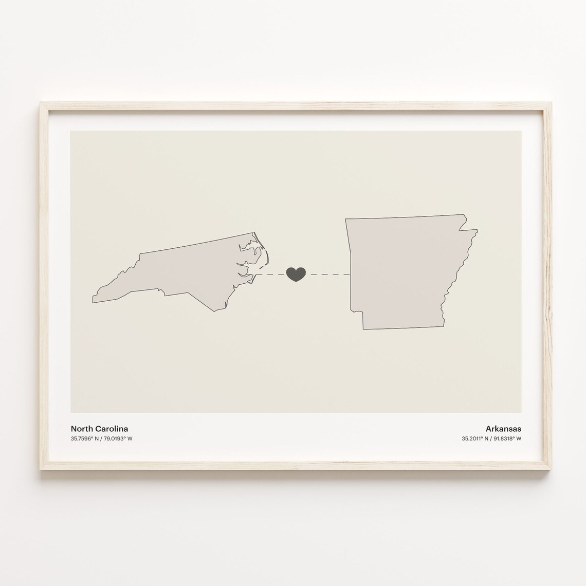 North Carolina to Arkansas Minimalist Long Distance Connection Map Poster