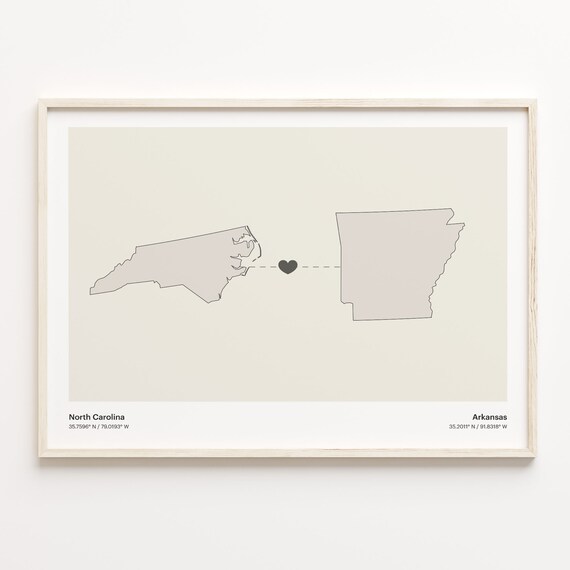North Carolina to Arkansas Minimalist Long Distance Connection Map Poster