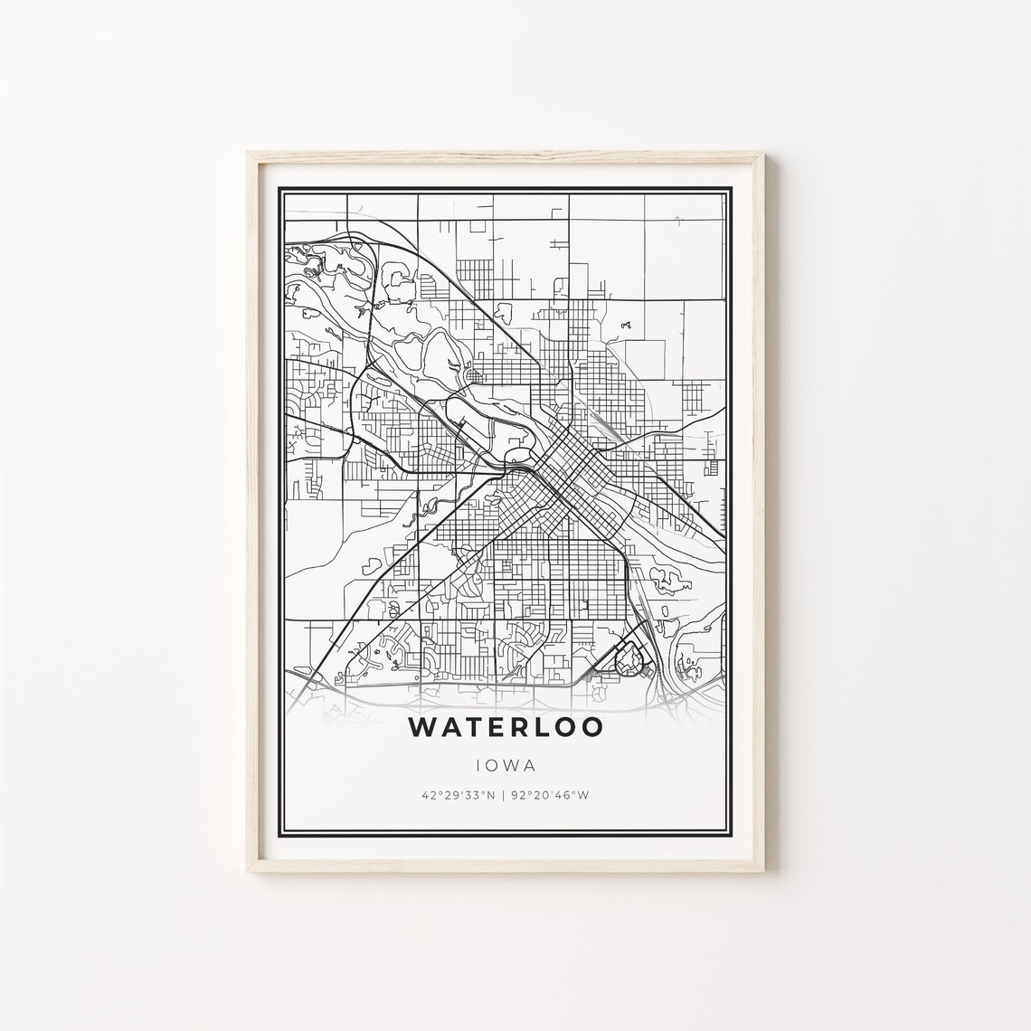 Waterloo Iowa Modern Minimalist Black and White City Map Poster