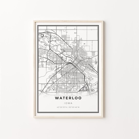 Waterloo Iowa Modern Minimalist Black and White City Map Poster