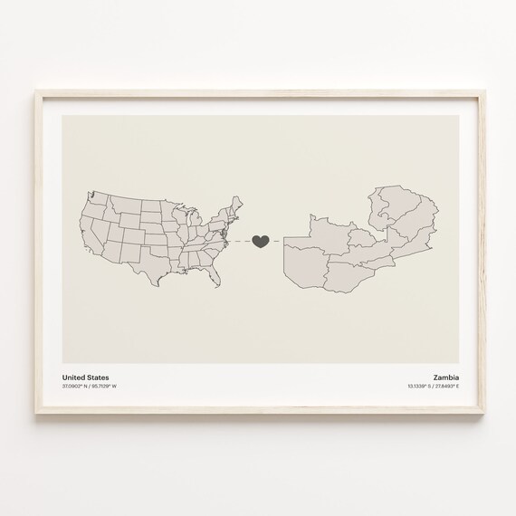 United States To Zambia Minimalist Heart Map Connection Gift Poster