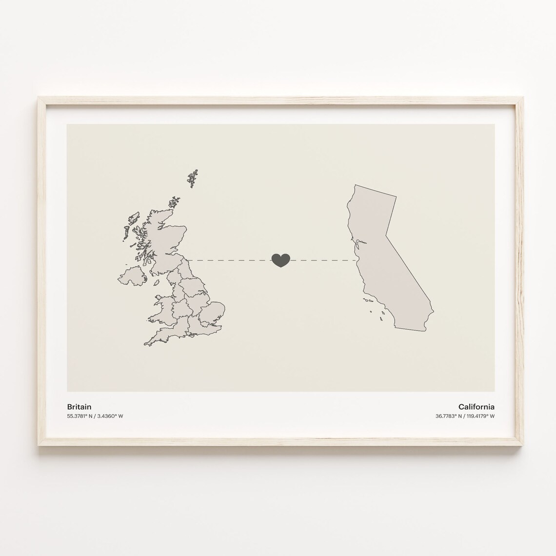 Britain And California Long Distance Love Minimalist Heart Map Poster
