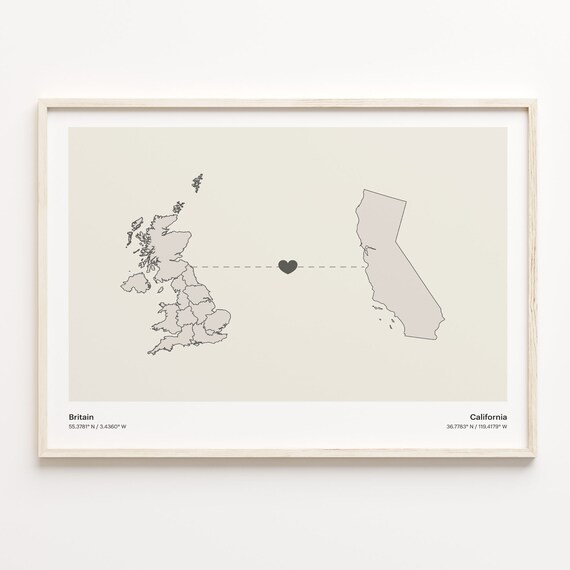 Britain And California Long Distance Love Minimalist Heart Map Poster