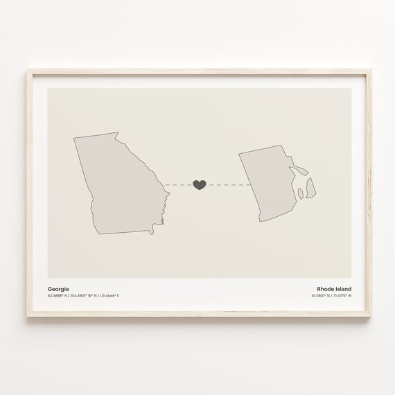 Georgia To Rhode Island Minimalist Heart Map Connection Print