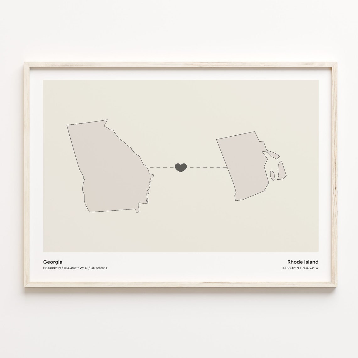 Georgia To Rhode Island Minimalist Heart Map Connection Print