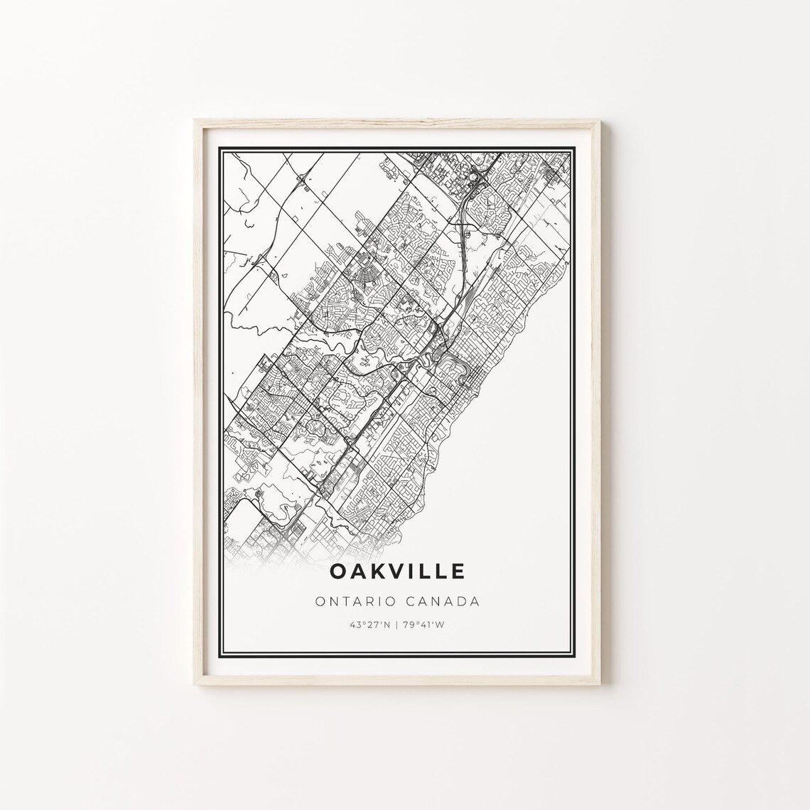 Oakville City Map Art Print, Modern Black And White