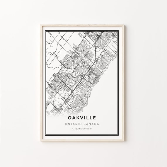 Oakville City Map Art Print, Modern Black And White
