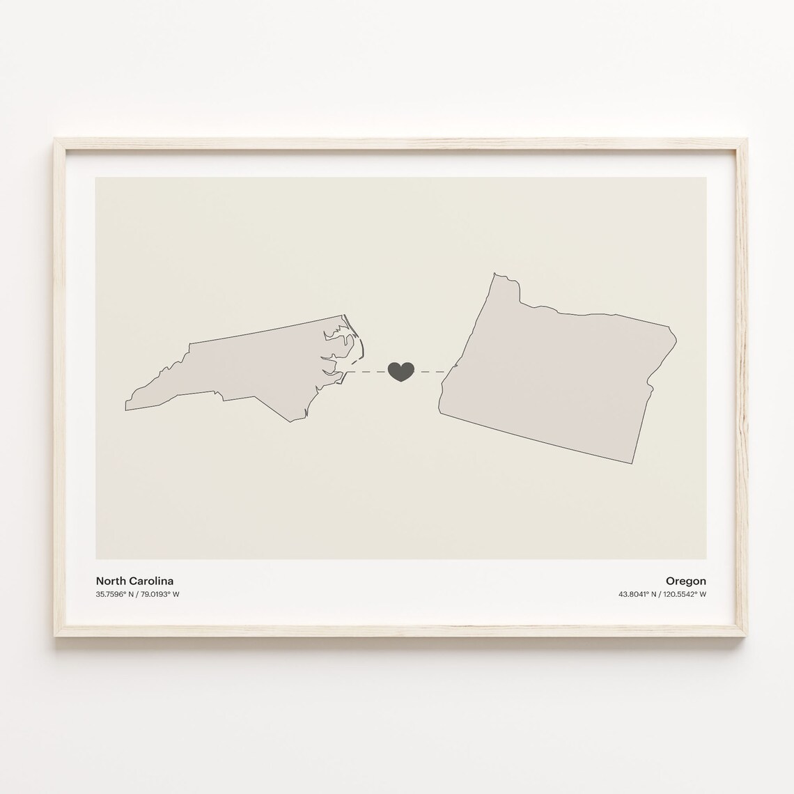 North Carolina Oregon Minimalist Long Distance Love Heart Map Poster