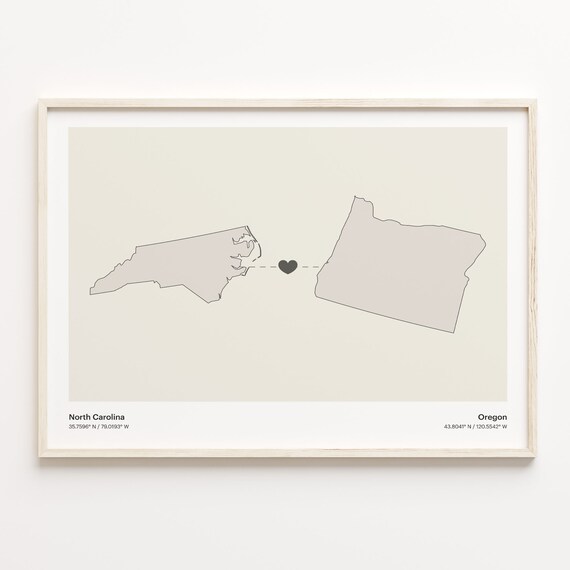 North Carolina Oregon Minimalist Long Distance Love Heart Map Poster
