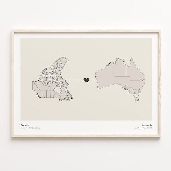 Canada To Australia Minimalist Love Connection Map Travel Poster