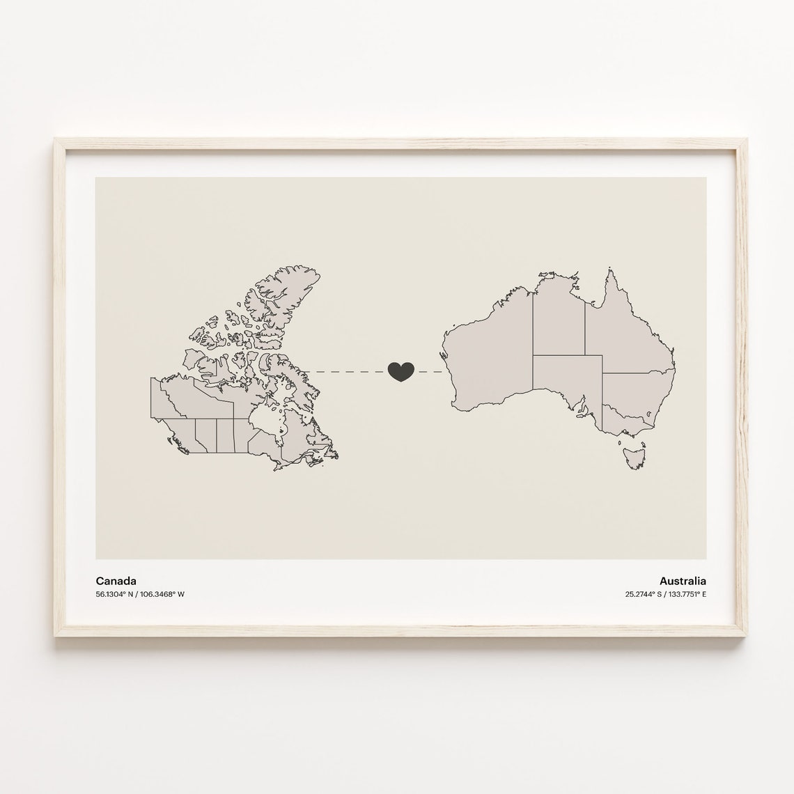 Canada To Australia Minimalist Love Connection Map Travel Poster