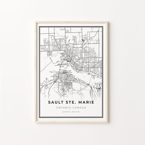Sault Ste. Marie Ontario Canada Modern Minimalist Black and White City Map Poster