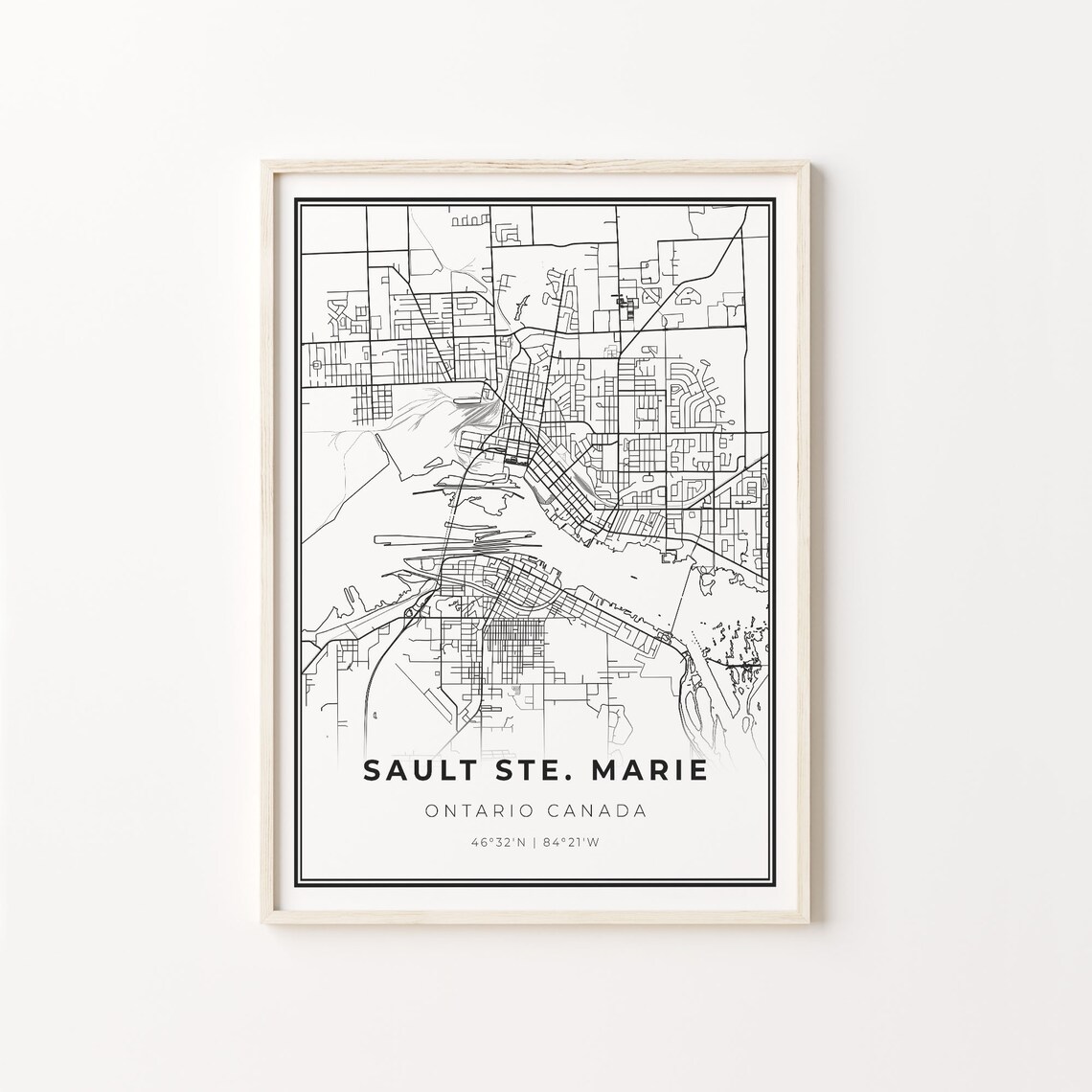 Sault Ste. Marie Ontario Canada Modern Minimalist Black and White City Map Poster