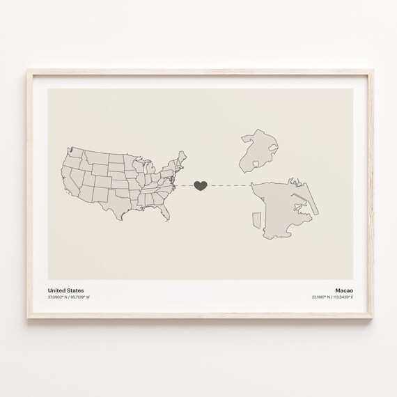 United States To Macao Minimalist Heart Map Connection Gift Poster