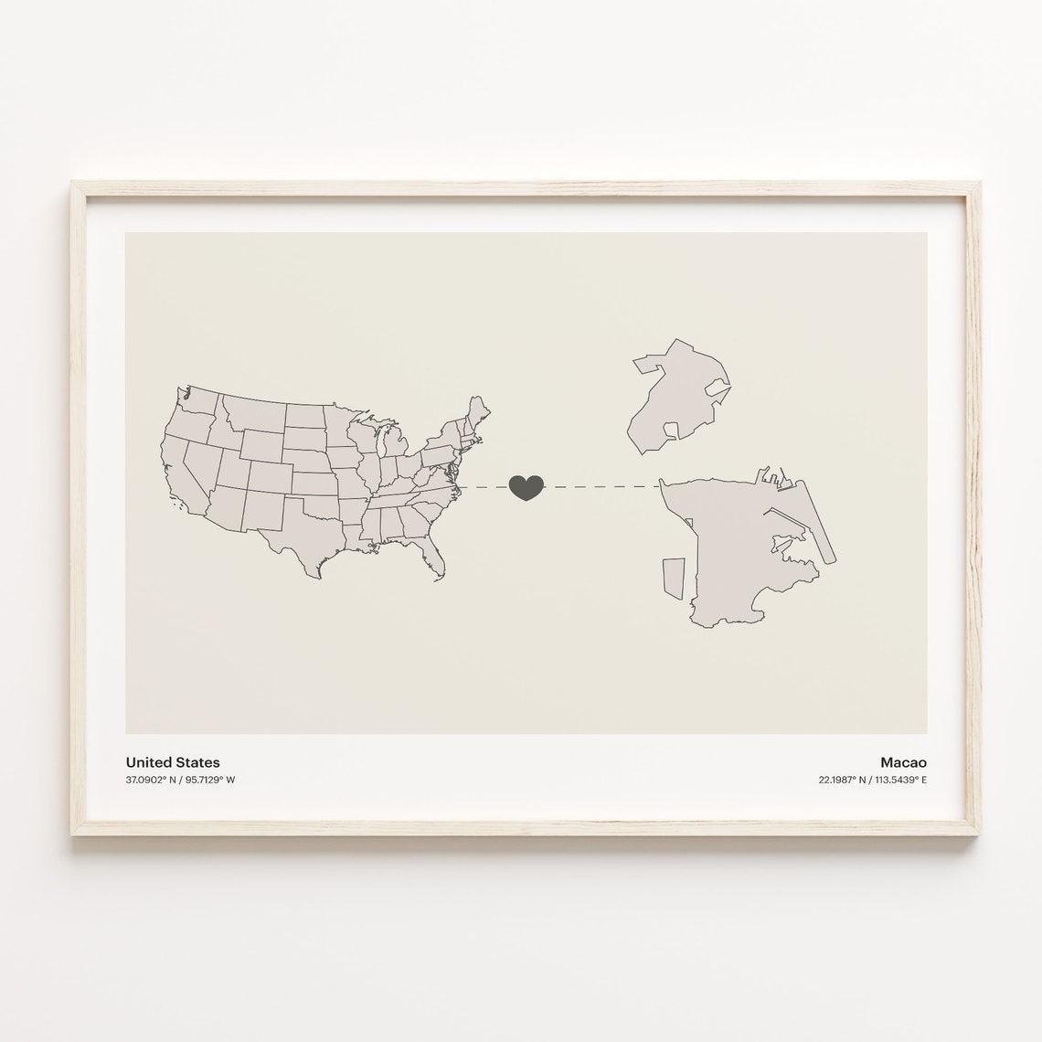 United States To Macao Minimalist Heart Map Connection Gift Poster
