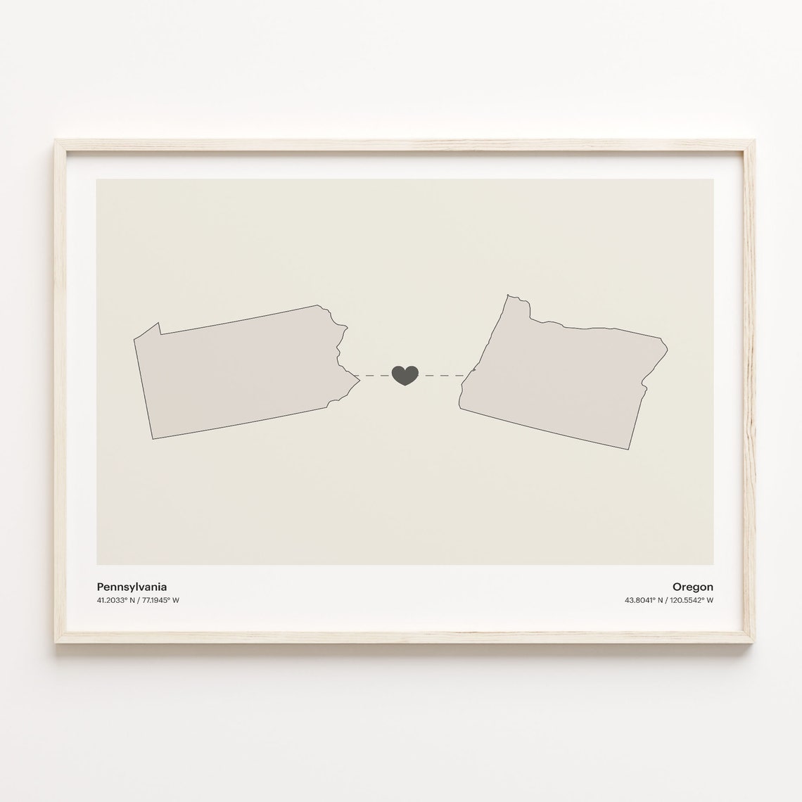Pennsylvania To Oregon Heart Connection Minimalist Map Poster