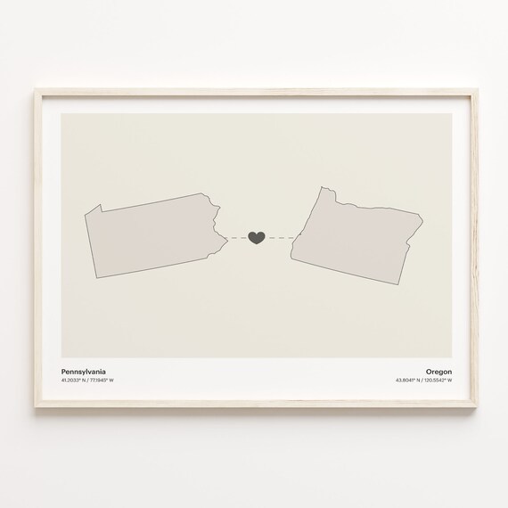 Pennsylvania To Oregon Heart Connection Minimalist Map Poster