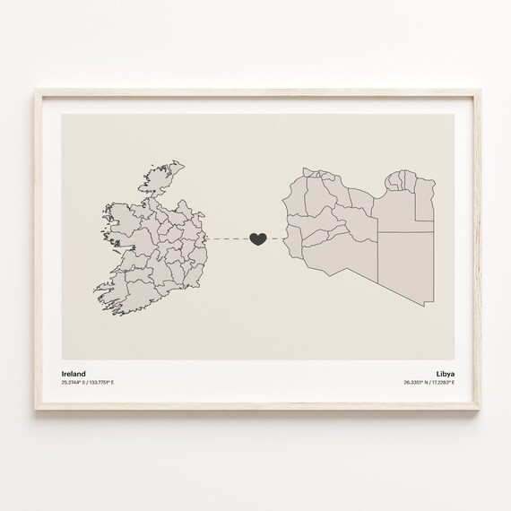 Ireland to Libya Long Distance Heart Map Minimalist Connection Poster