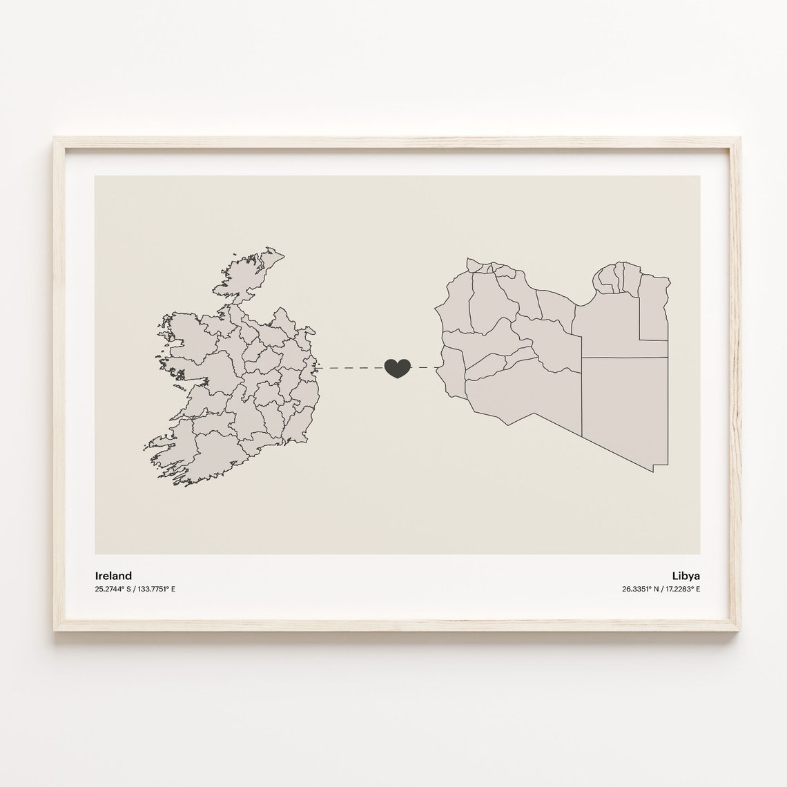 Ireland to Libya Long Distance Heart Map Minimalist Connection Poster