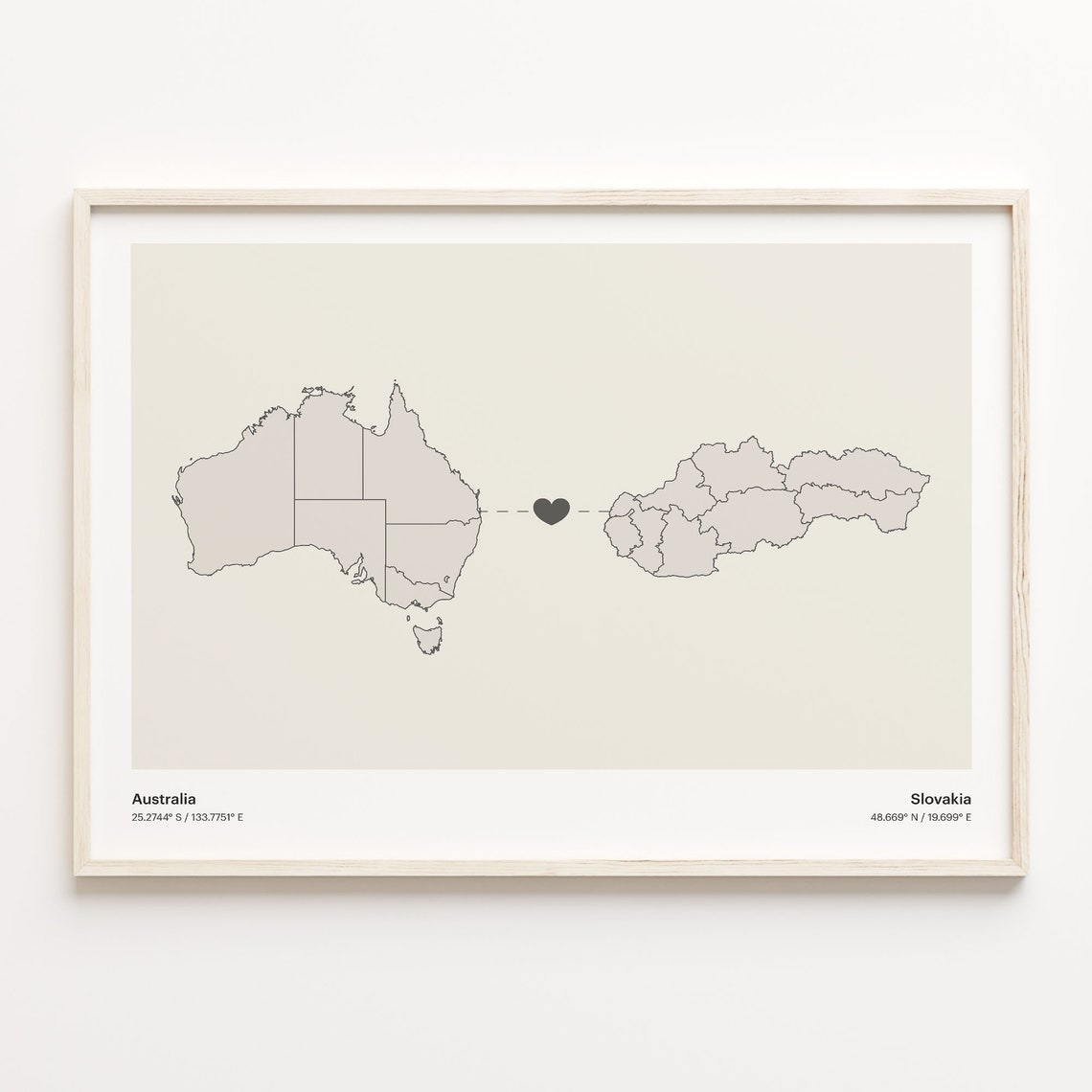 Australia To Slovakia Heart Map Minimalist Country Connection Poster