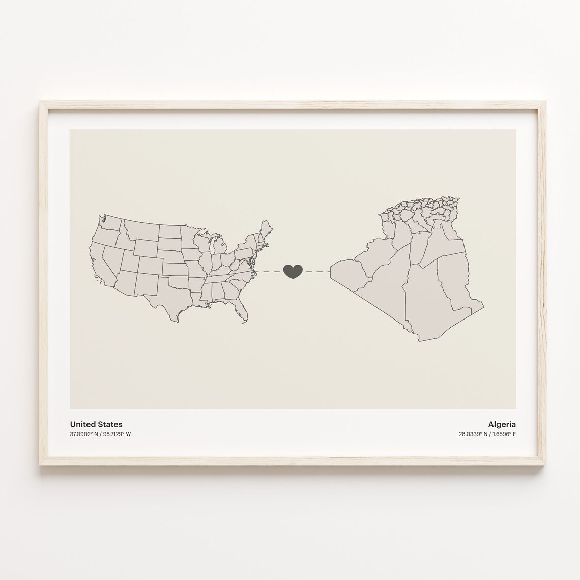 United States to Algeria Heart Connection Map Minimalist Poster