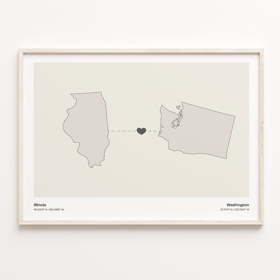 Illinois to Washington Minimalist Long Distance Connection Map Poster
