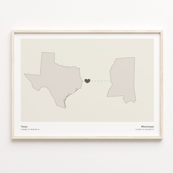Texas Mississippi Long Distance Love Connection Heart Map Poster