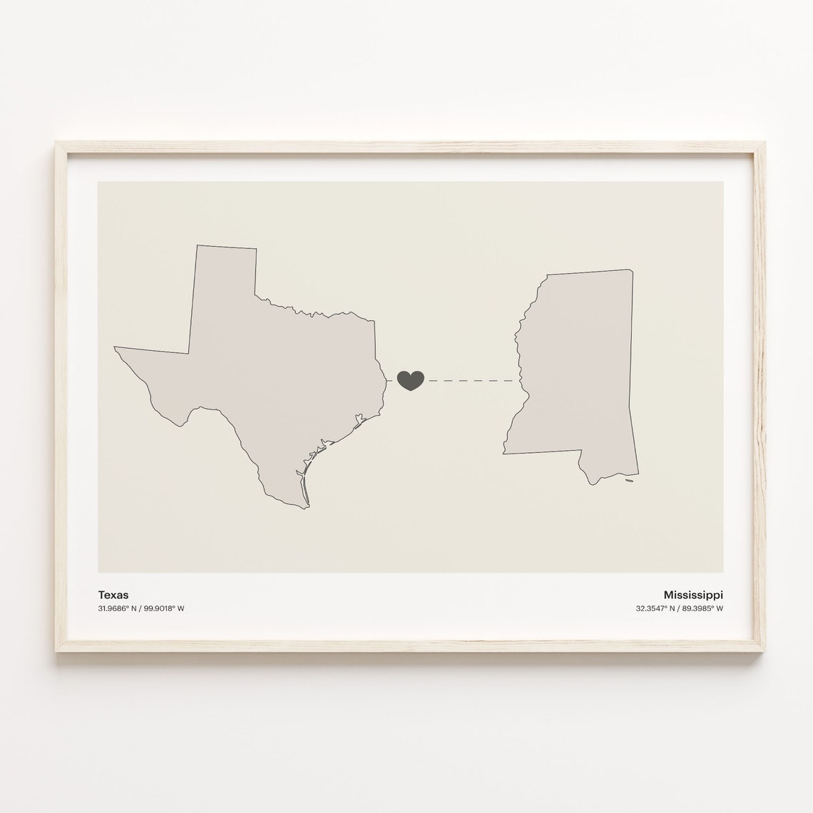 Texas Mississippi Long Distance Love Connection Heart Map Poster